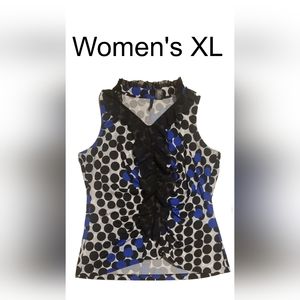 Women's XL Sleeveless Blouse Black & Blue Polka Dots With  Ruffle Trim casual